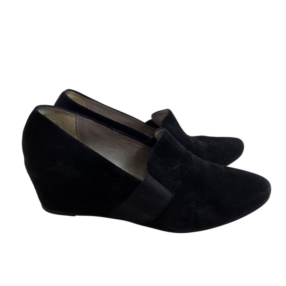 Aquatalia Wedge Loafers Womens 7.5 Black Suede Mid Heel Career Italy Corpcore